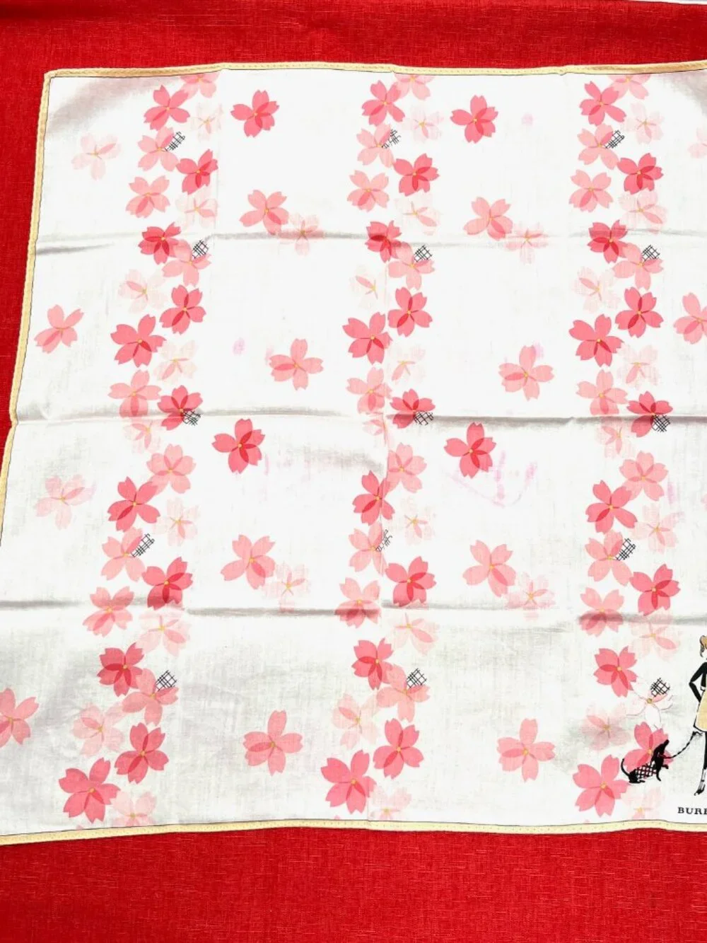 Burberrys Mini Scarf cotton 19.5" ligh peach pink flora embroidered dogs (88) - Picture 8 of 9